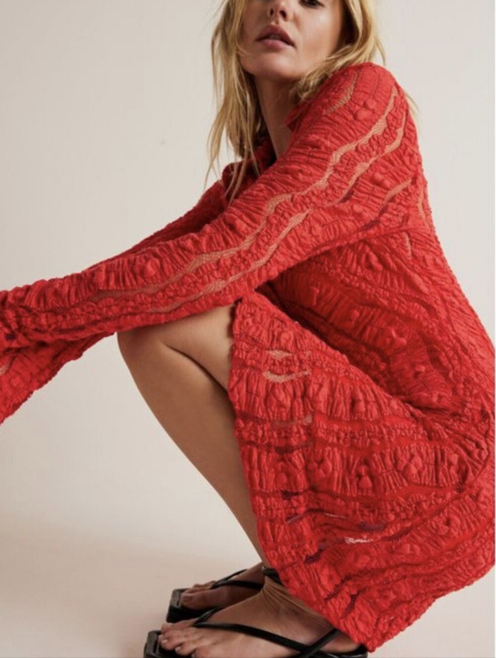NWT Free People Shayla Lace Dress Tomato Red, L, Stretchy, Mini Slip Included